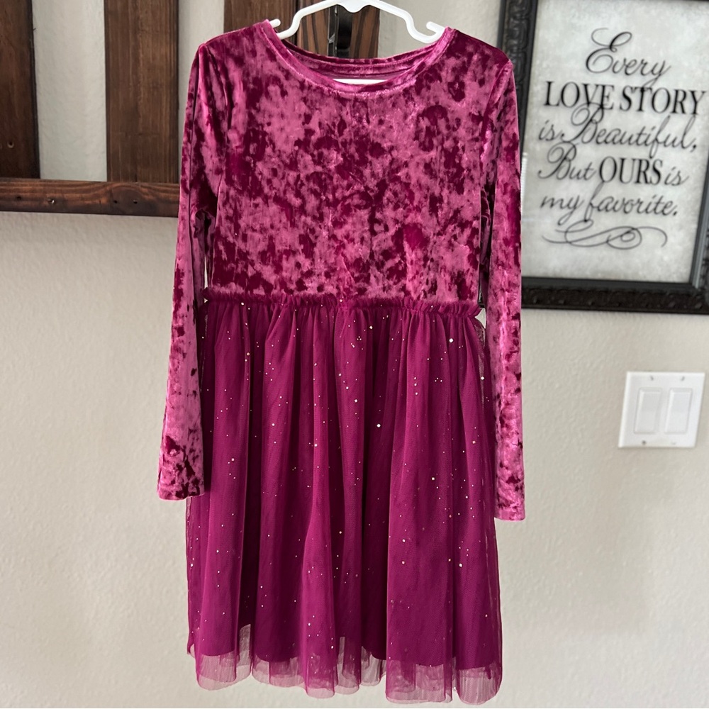 Girls Velvet & Sparkle Tulle Long-Sleeve Dress - Magenta